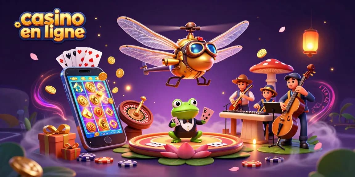 Illustration d'un casino en ligne avec un pilote d'hélicoptère et un croupier grenouille.
