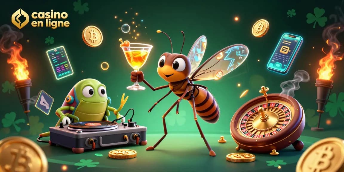 Jouez en ligne au casino avec notre mascotte amusante mettant en avant des éléments de crypto-monnaie.