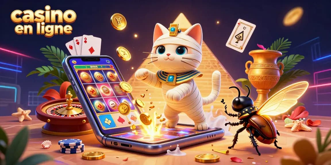 Illustration 3D d'un chat momie égyptien dans un casino en ligne, jouant avec des cartes et des pièces d'or.