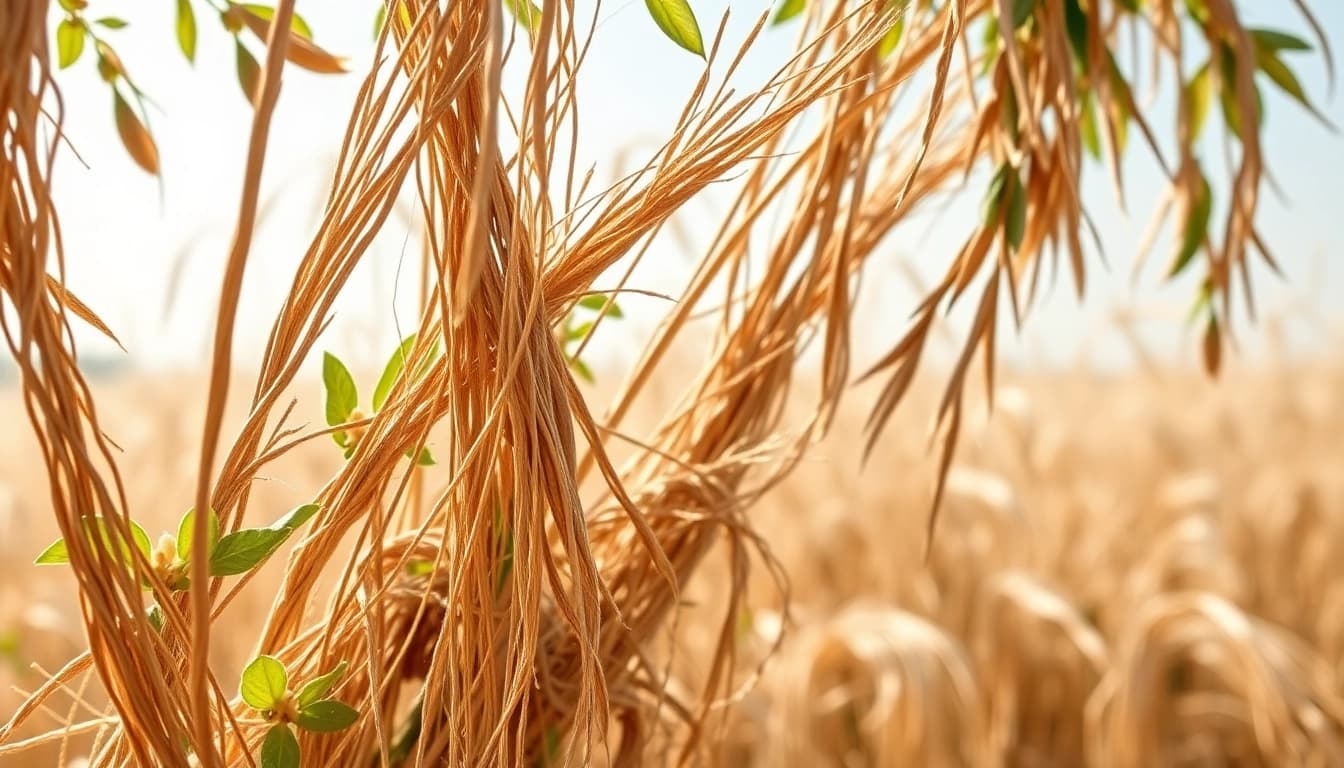 Jute vezels in een natuurlijk, rustiek decor met zonlicht en bladeren.