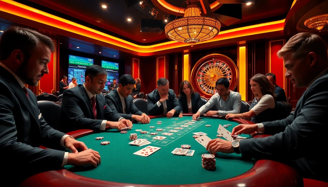 Enthusiastic players engaging at a poker table in a lively GG88 casino scene, showcasing excitement and high stakes.