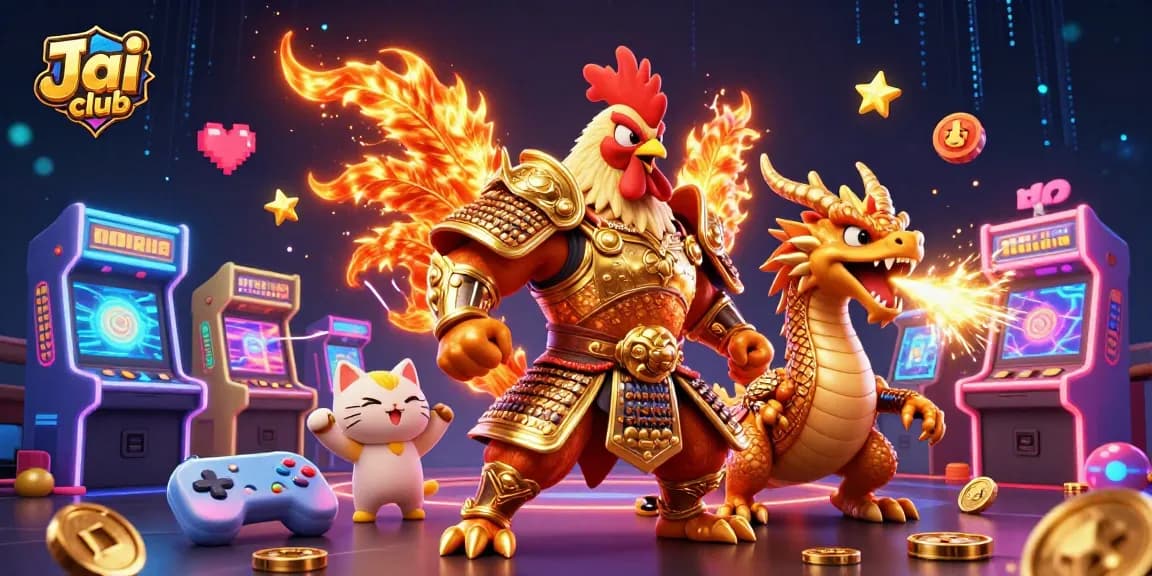 Play with excitement at Jai club featuring a vibrant 3D rooster and dragon scene with casino games.