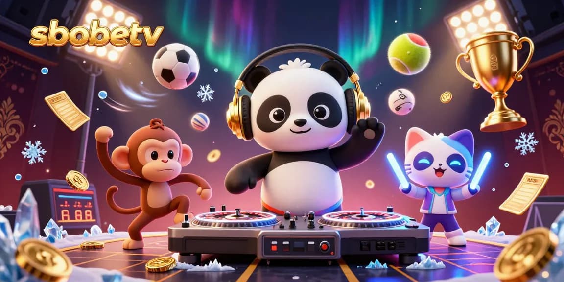 sbobetv celebrates with a DJ panda, breakdancing monkey, and rave kitten amidst dynamic sports betting action.