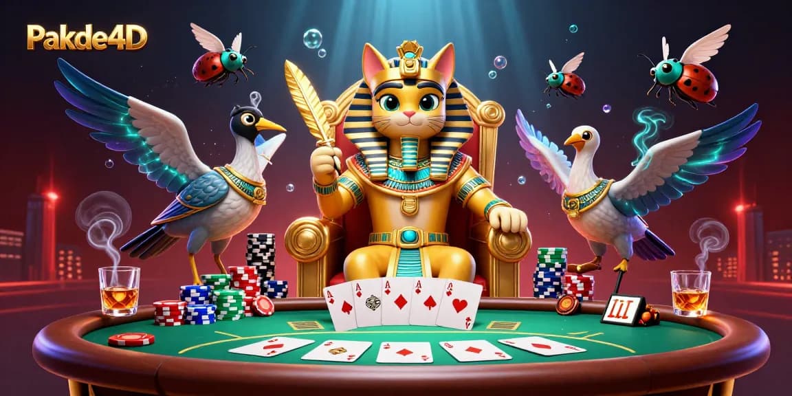 Pakde4D features dynamic casino action with a charming Egyptian cat, vibrant poker elements, and engaging game scenarios.