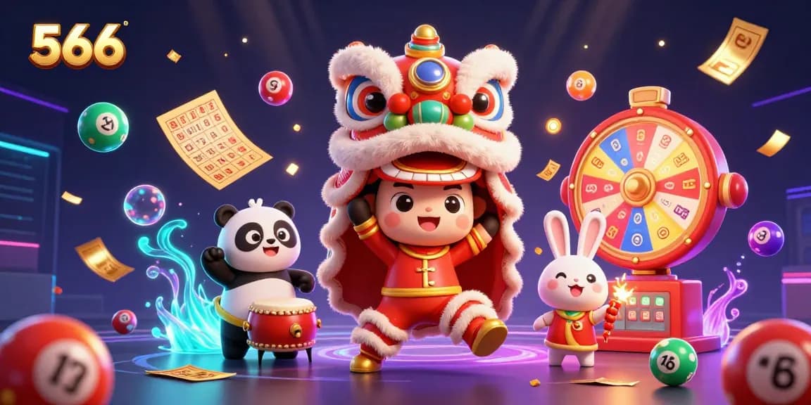 Engage in thrilling games at 566, featuring dynamic scenarios of lion dancers and lottery elements.