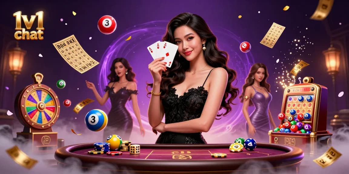 Engage in dynamic 1v1 chat amidst vibrant casino atmosphere with colorful lottery elements.