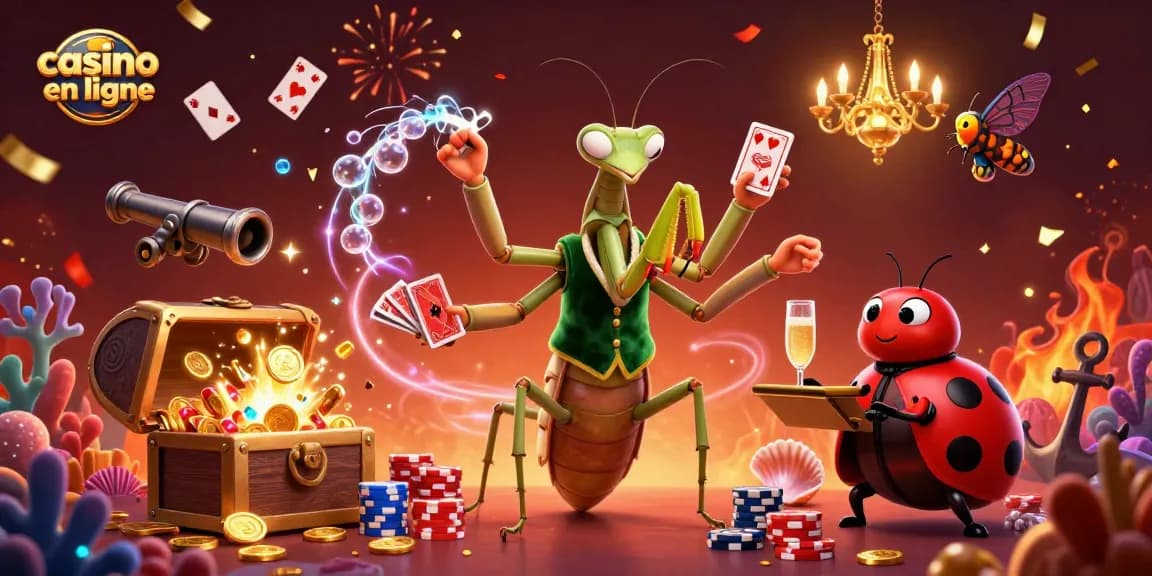 Visitez un casino en ligne passionnant avec une scène de jeux animée et colorée.