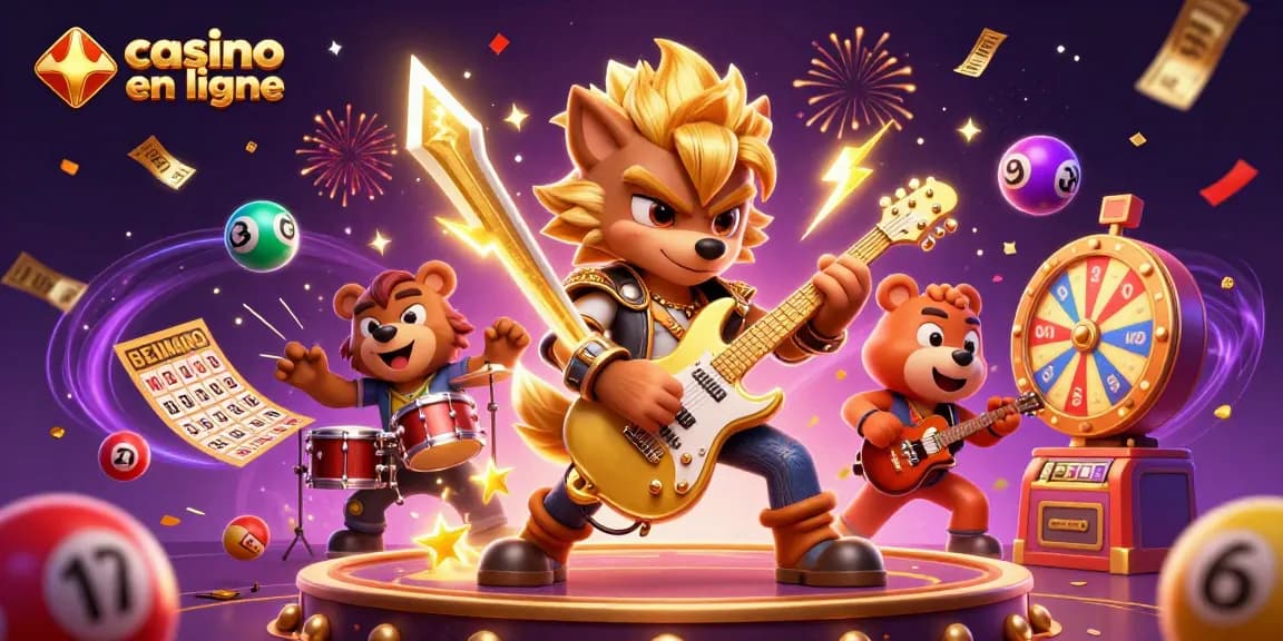 Une scène dynamique de casino en ligne avec un loup rock star jouant de la guitare, des balles de loto colorées et des effets festifs.
