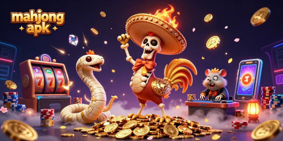 Win big at mahjongapk with an engaging illustration of casino characters celebrating amidst vibrant slot machine elements.