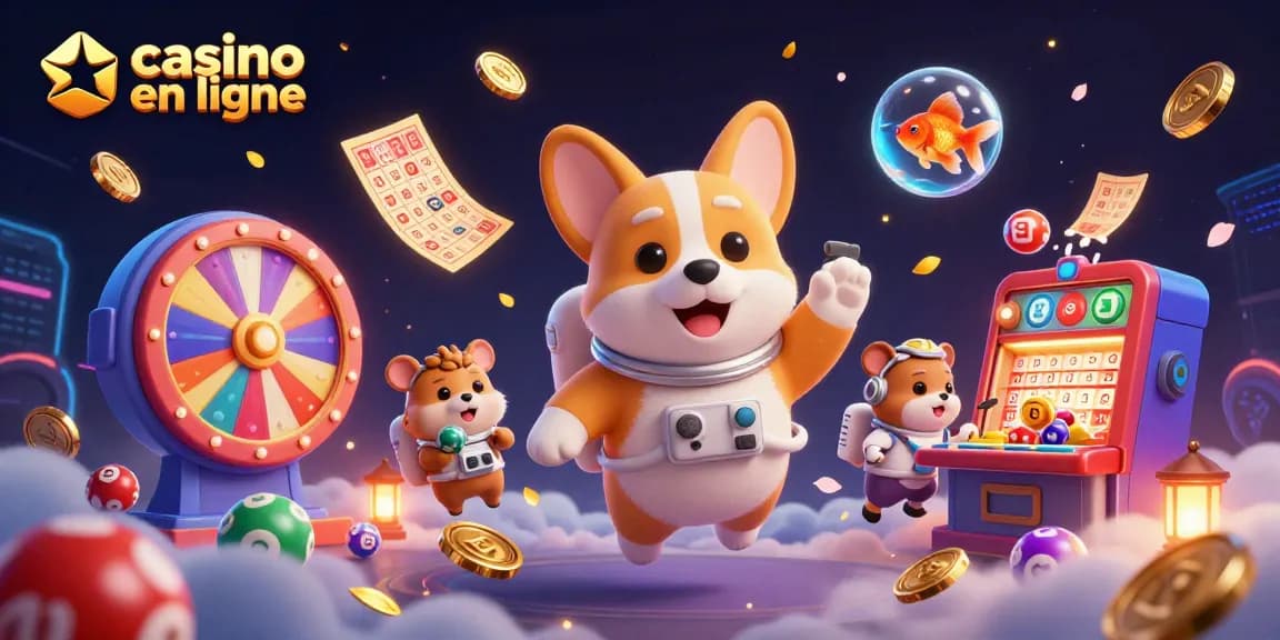 Illustration vibrante d'un corgi astronaute dans un casino en ligne, entouré de balles de loterie colorées.