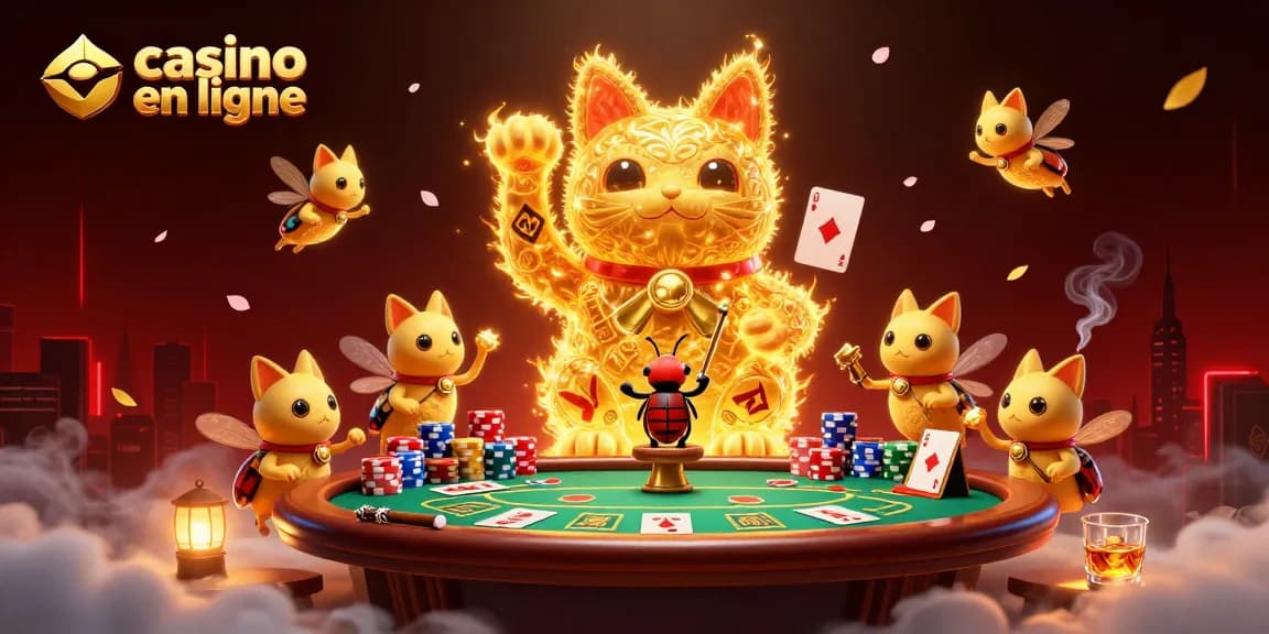Illustration d'un casino en ligne avec un chat porte-bonheur et une scène de poker dynamique