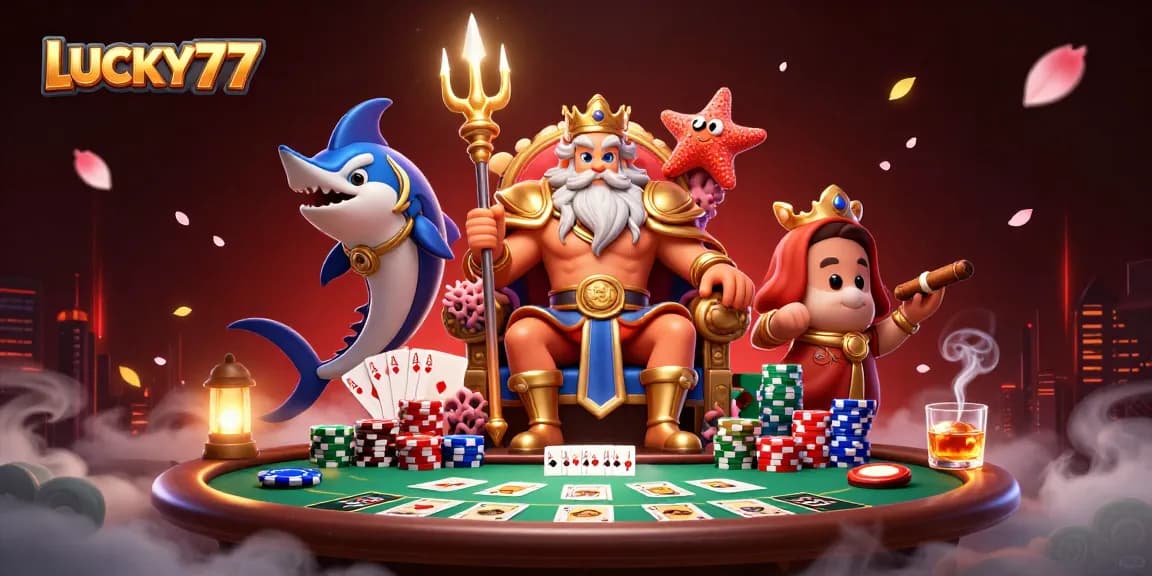 LUCKY77 gaming scene showcasing Neptune and poker elements in a vibrant 3D illustration.