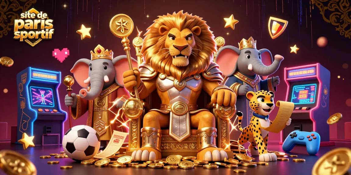 Les paris sportifs s'animent avec le roi lion, l'éléphant et le guépard dans un décor dynamique.