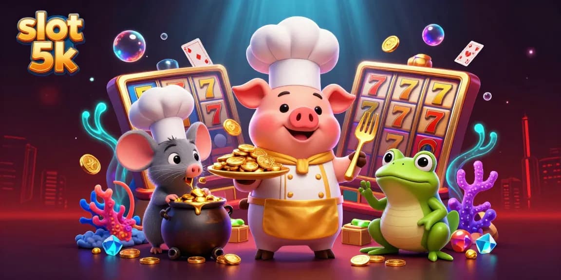 Spin and win big with slot 5k's vibrant scene featuring characters celebrating jackpots and bonuses!