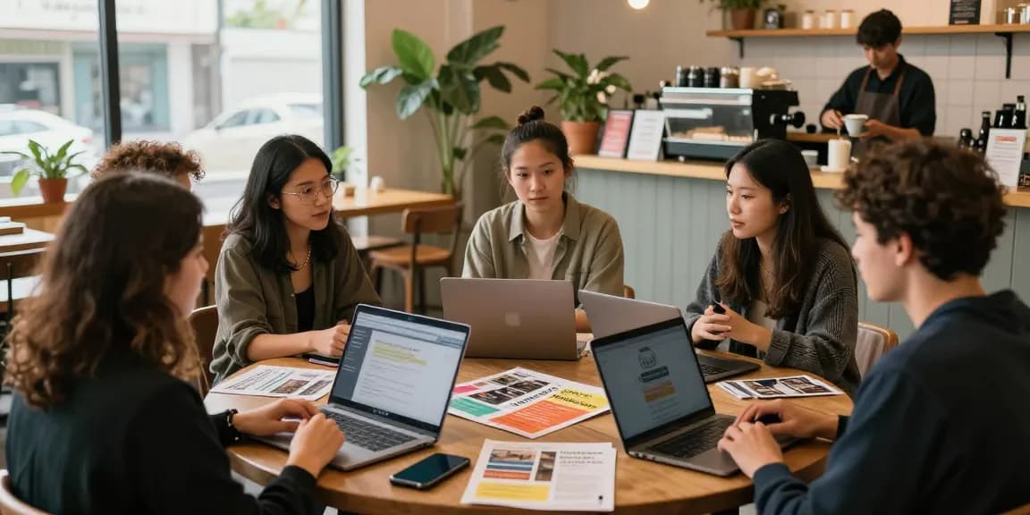 Community discussion at a café promoting local businesses through https://forumup.org/shop/search.php?ca_id=&addr1=&addr2=&addr3=&schKeyword= with individuals sharing insights and tips.