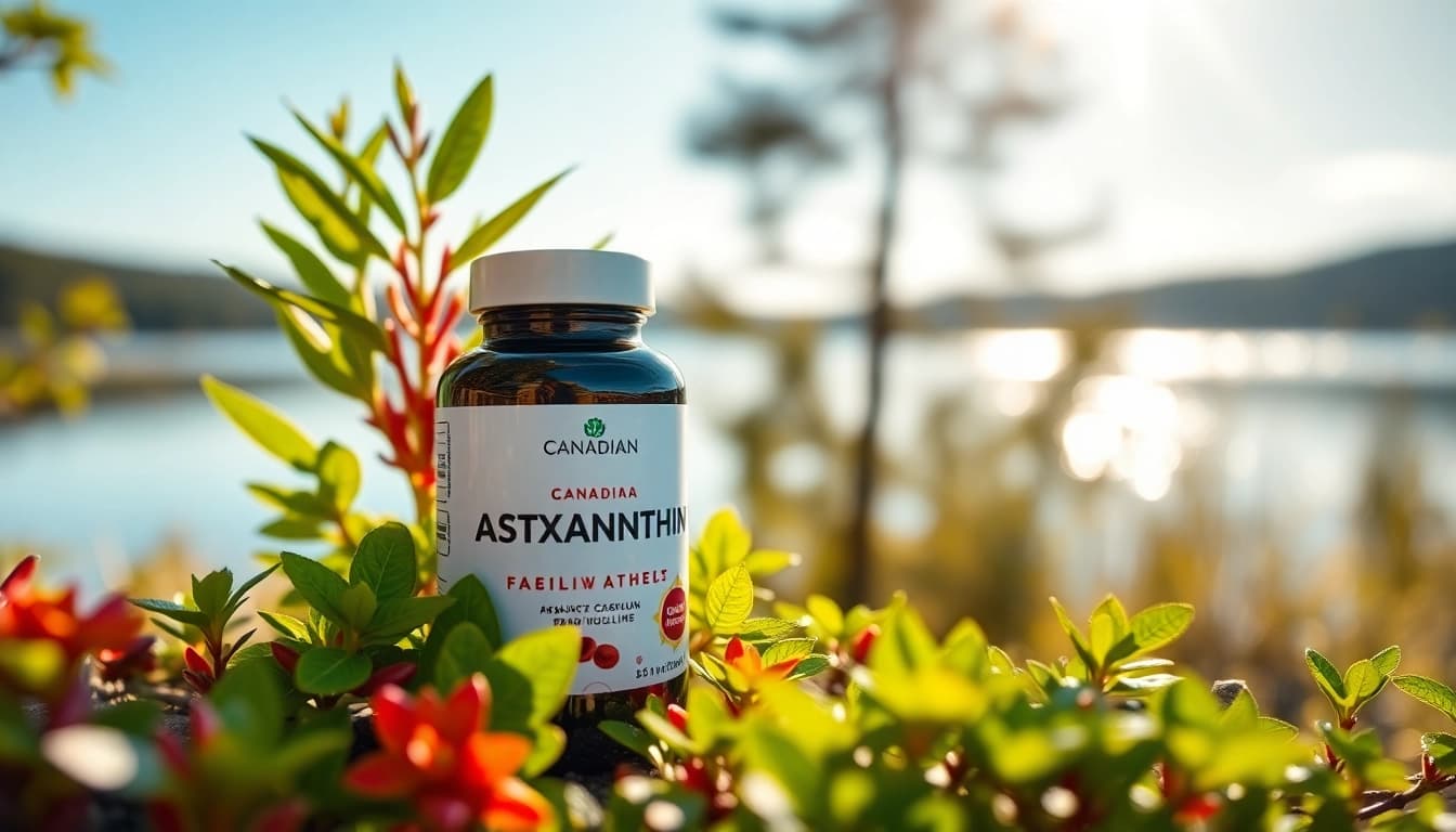 Showcasing a premium Canadian astaxanthin brand product amidst nature, highlighting its vibrant health benefits.