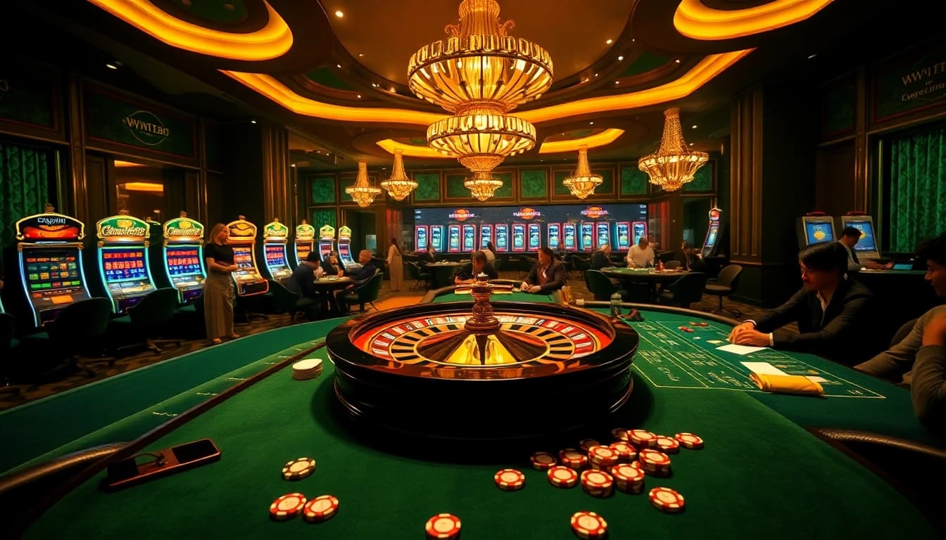 Experience thrilling games at ww88 online casino, featuring vibrant roulette wheels and eager gamblers.