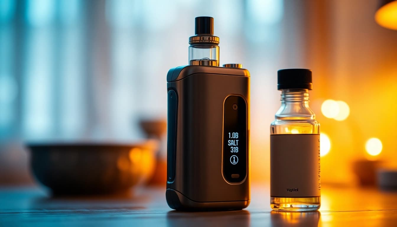 Vaping device and nic salt e-liquid in a cozy setting showcasing vibrant colors.