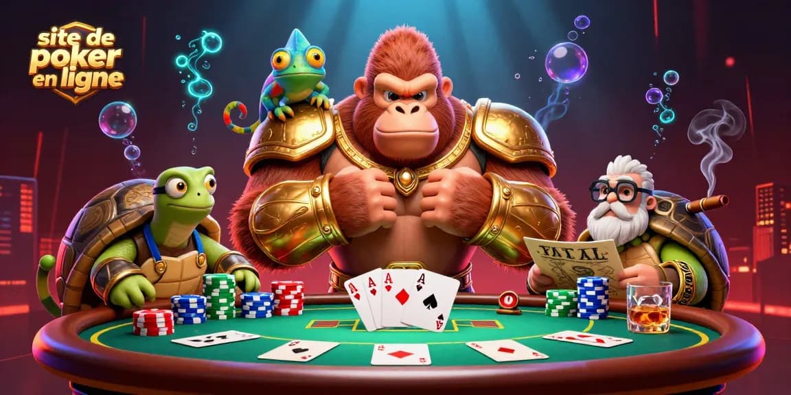 Illustration dynamique représentant un site de poker en ligne avec un roi gorille en armure et des éléments de poker.