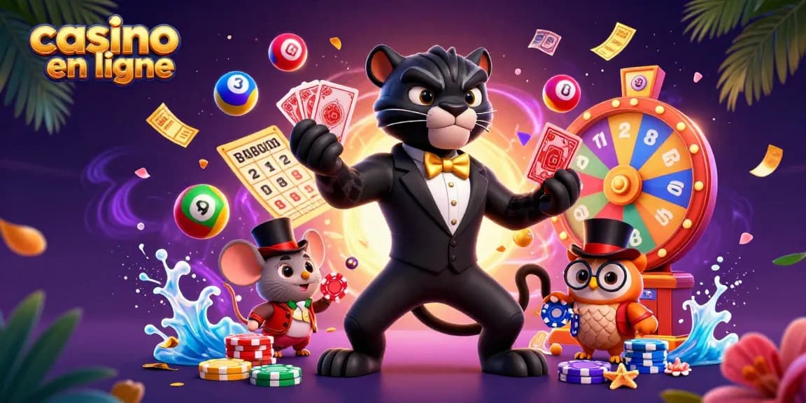 Jouez au casino en ligne avec ce panthère élégant, hibou et souris chanceuse entourés de loteries.