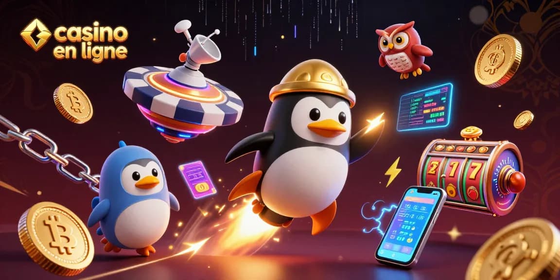 Profitez de l'univers du casino en ligne avec un pingouin doré et des éléments NFT captivants.