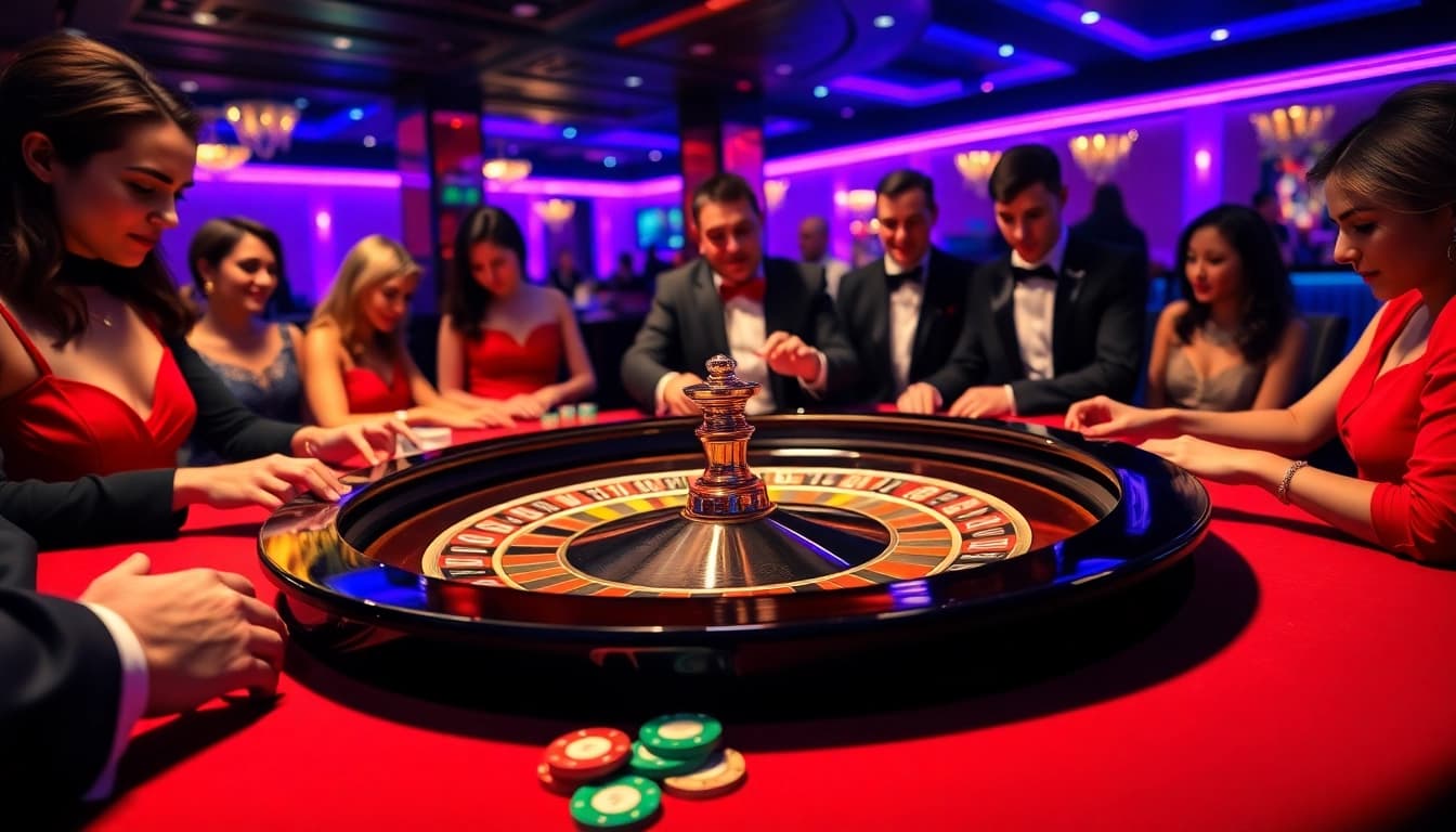 Vivez l'excitation du casino en ligne Français avec des joueurs engagés autour d'une table de roulette luxueuse.