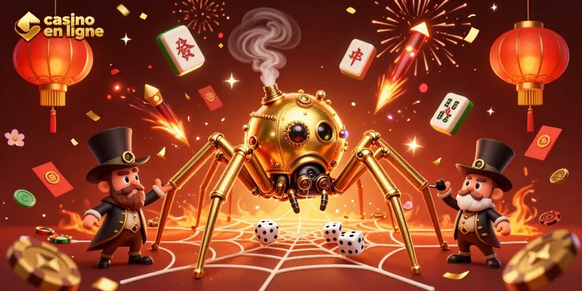 Illustration artistique d'un casino en ligne avec une araignée steampunk et des éléments de jeu en 3D.