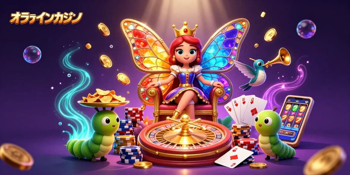 オンラインカジノで楽しむカラフルなキャラクターと華やかなゲーム要素のイラスト