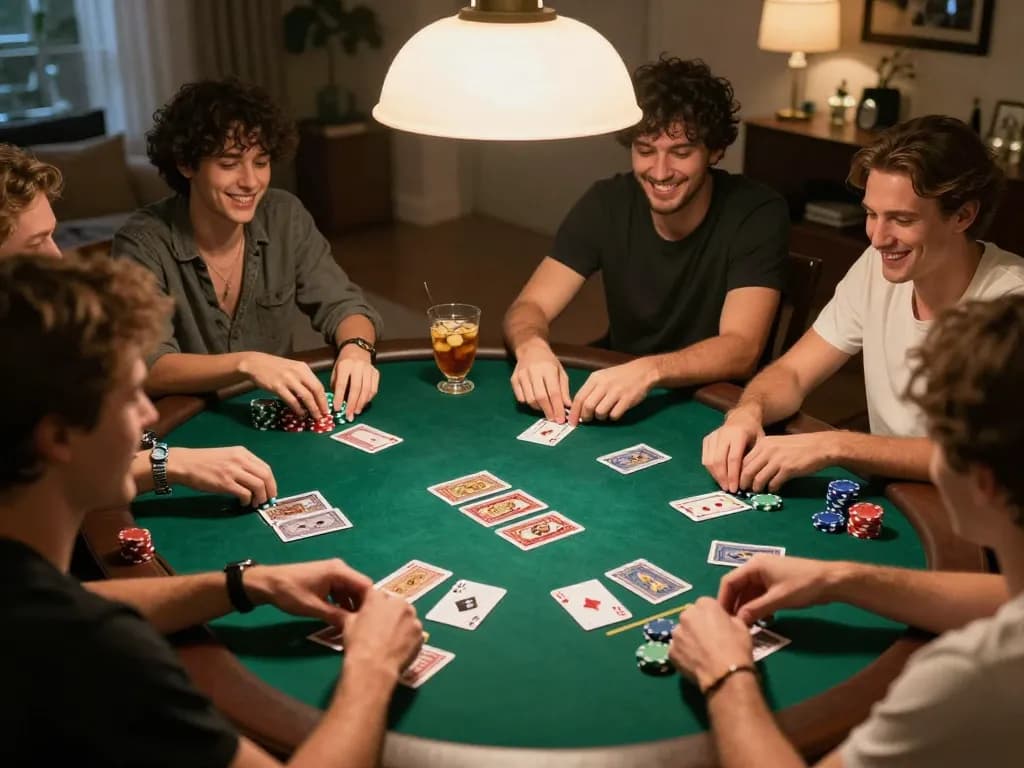 Sahabat yang terlibat bermain poker online saat malam permainan di rumah yang nyaman.