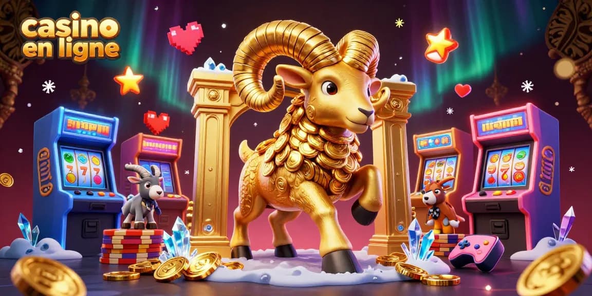 Jouez au casino en ligne avec un bélier en or vibrant entouré de machines à sous et de pièces scintillantes.