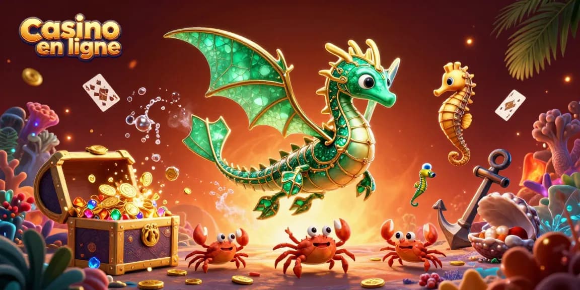 Plongez dans le monde du casino en ligne avec une illustration 3D dynamique de créatures marines.
