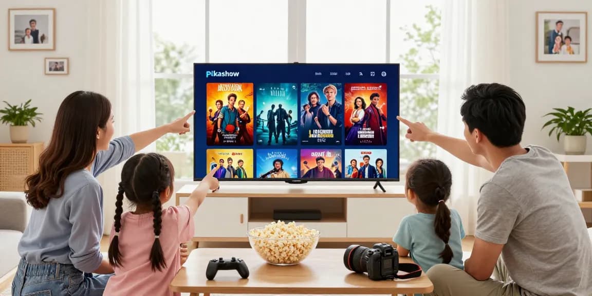 Pikashow streaming content in a cozy living room with family enjoying movies.