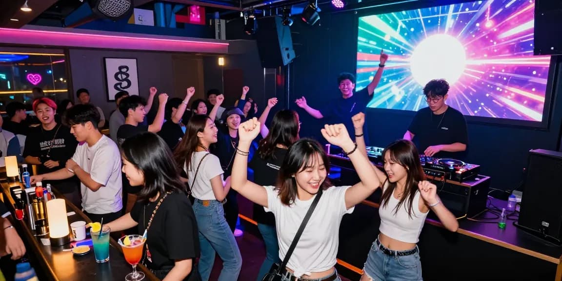 Youthful party-goers enjoying 상봉동 한국관나이트 in a vibrant nightclub atmosphere filled with colorful lights and music.