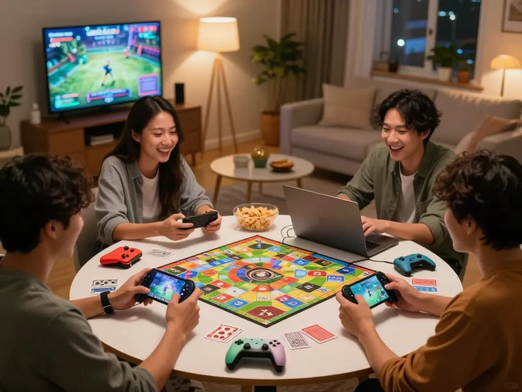 Friends enjoying NSFW games on devices while sharing snacks and laughter in a lively home atmosphere.