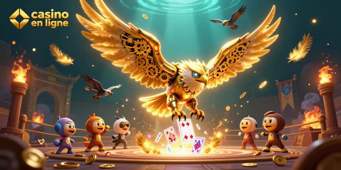 Découvrez une illustration fascinante sur le casino en ligne avec un aigle en 3D et des éléments de jeu captivants.