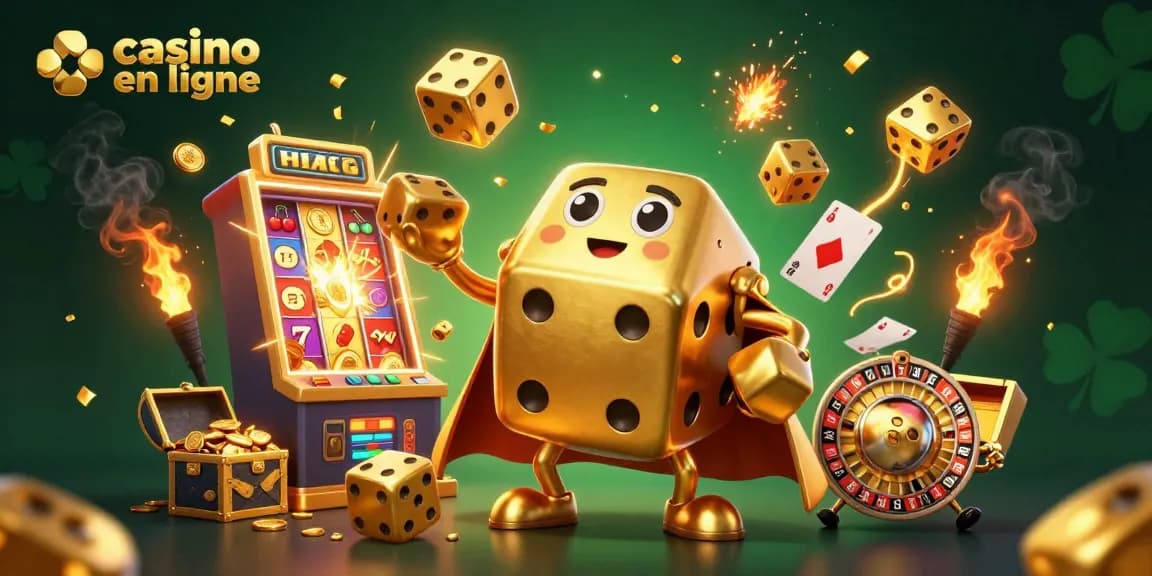 Jouer dans un casino en ligne avec des éléments de dés dorés et une machine à sous explosant de richesse.