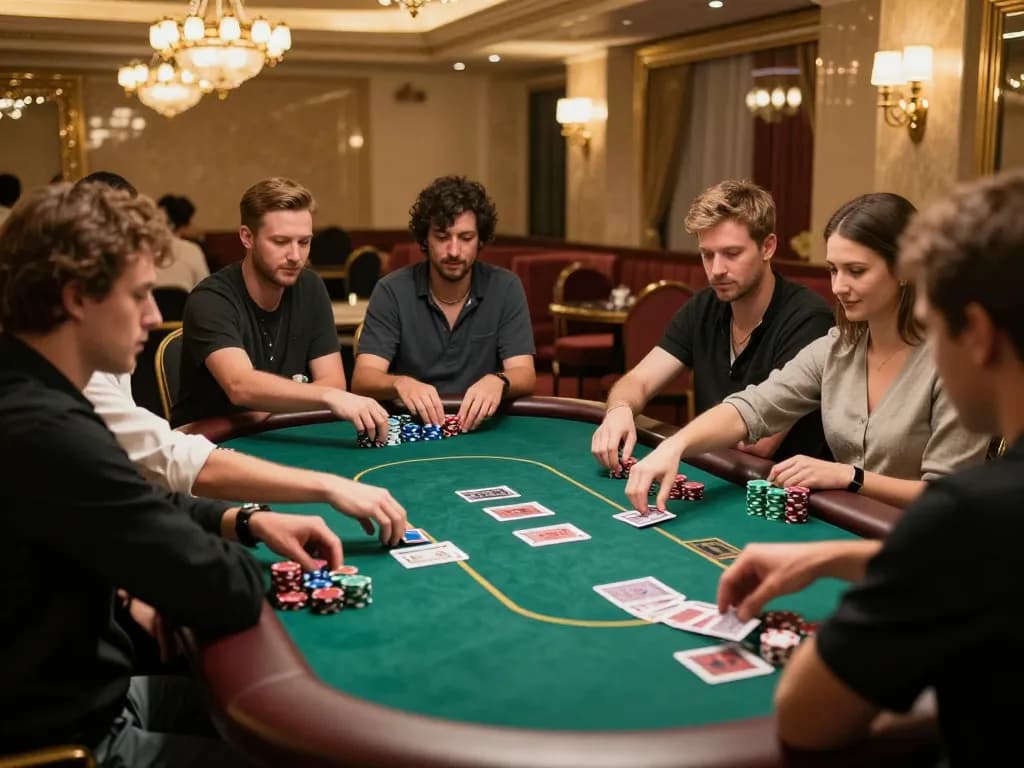 Explore the exciting action of poker at 99win com, with players engaged and chips being placed.