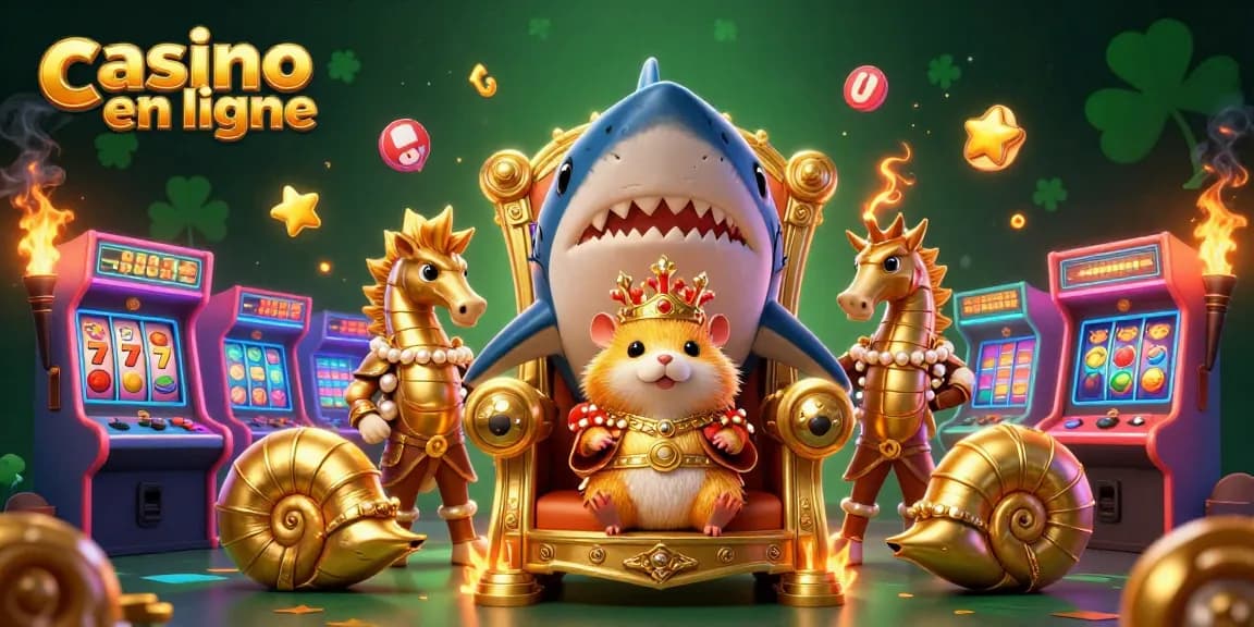 Visualisez un monde de casino en ligne avec un roi hamster et des éléments de jeu captivants.
