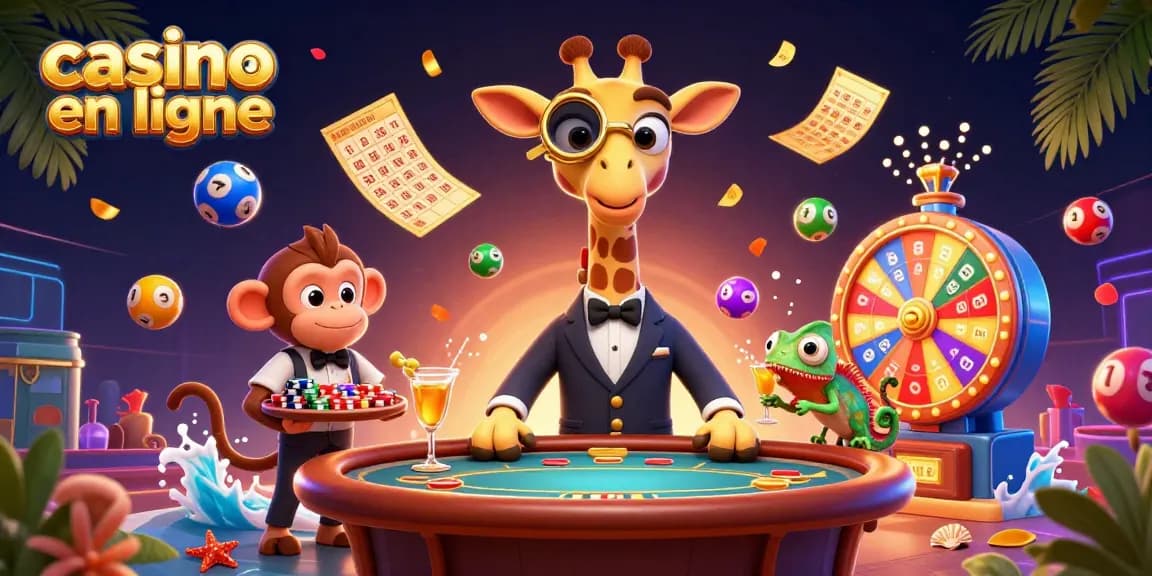 Une scène dynamique avec une girafe de casino en ligne jouant au poker, entourée de ballons de loterie colorés.