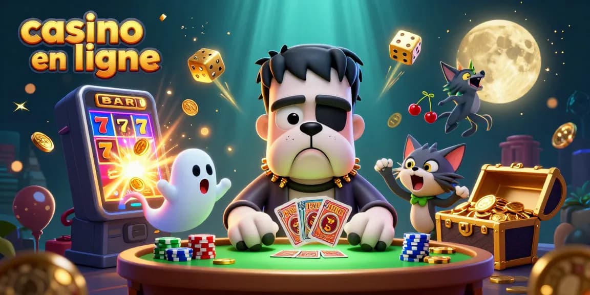 Jouez dans un casino en ligne avec un bulldog Frankenstein et un chaton loup, entourés de machines à sous et de trésors.