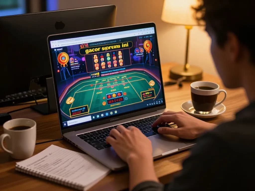 Engaged player focused on slot gacor sore ini through a dynamic online gaming setup, showcasing thrilling gameplay.