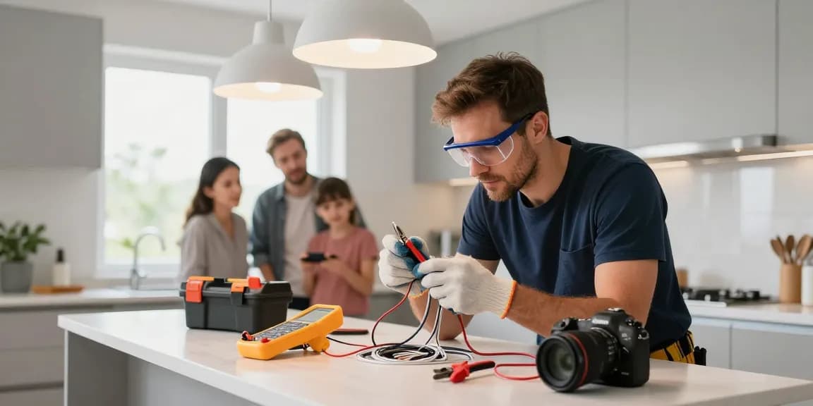 Find out more about reliable electricians working in modern kitchens with safety gear and tools.