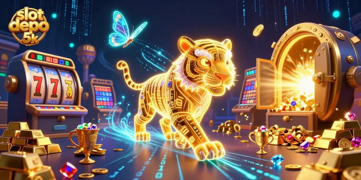Experience immersive action with slot depo 5k in a vibrant casino scene featuring a neon golden tiger and jackpot elements.