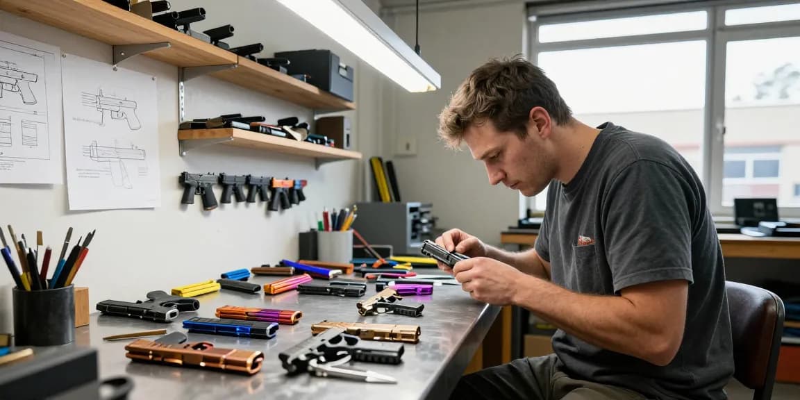 Expert gunsmith customizing Glock slides at https://precisionglockslides.com with precision tools, showcasing creativity and craftsmanship.