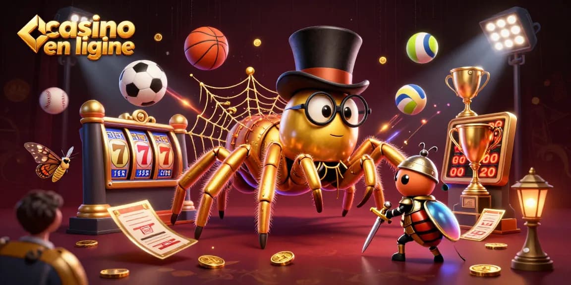 Venez jouer au casino en ligne : illustration d'une tarentule dorée et d'un scarabée avec des éléments de jeu.