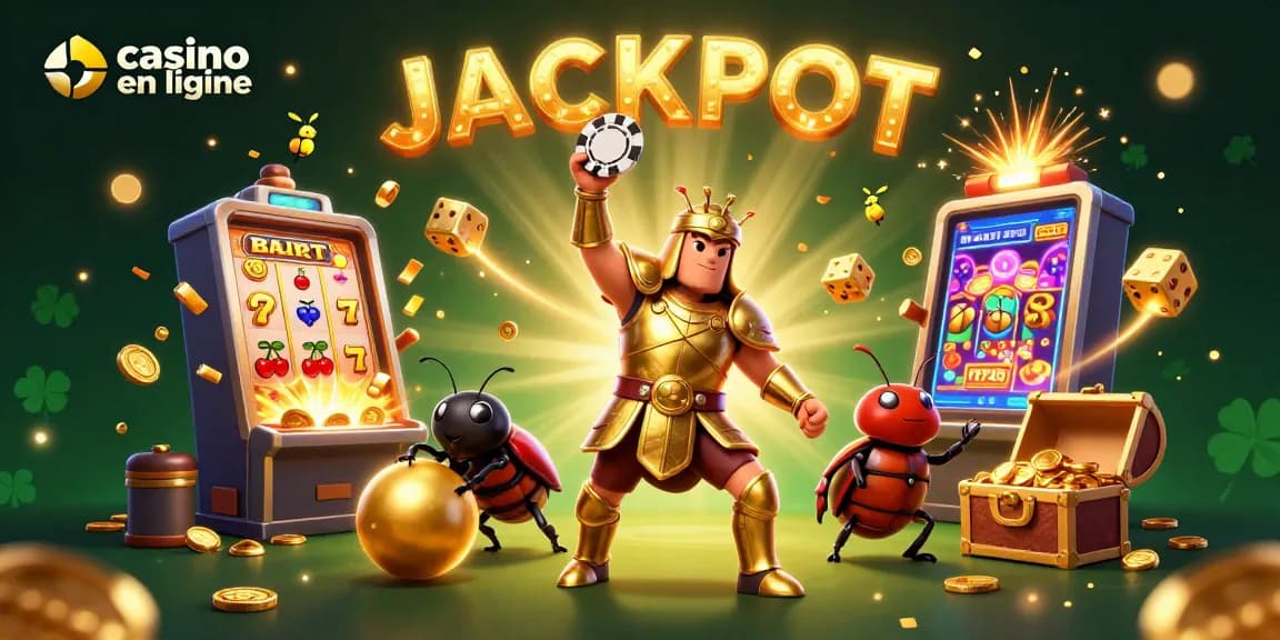 Réussissez au casino en ligne avec un héros et des jackpots captivants en arrière-plan.