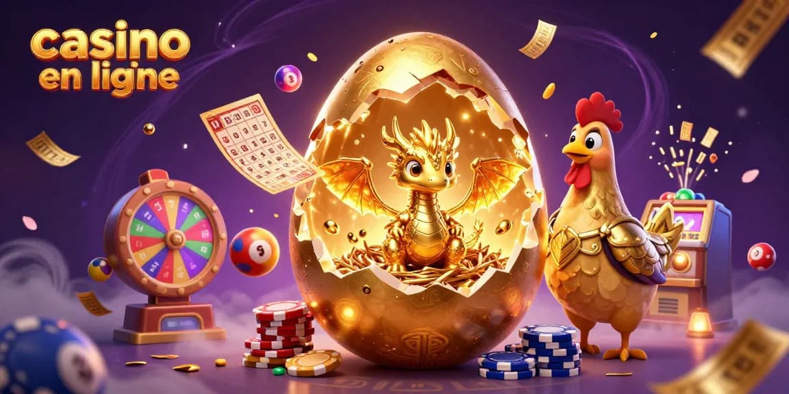 Jouez au casino en ligne avec des éléments de loterie, des tickets d'or et un dragon doré captivant.