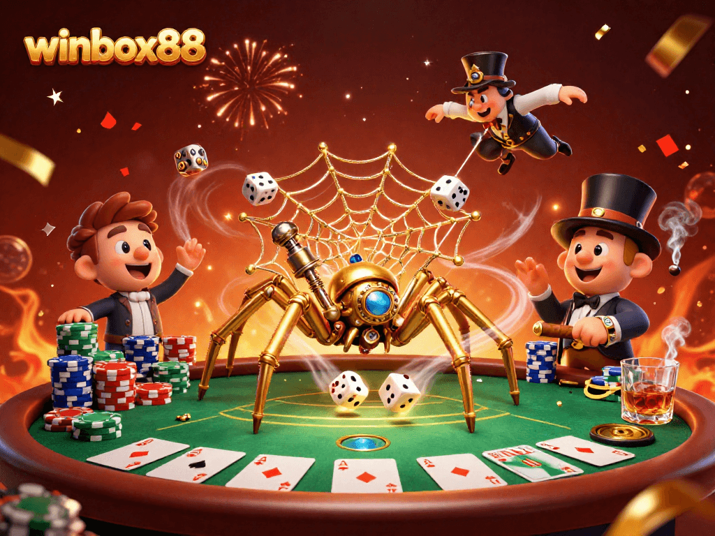 Winbox88 showcases a captivating casino scene with a steampunk spider and poker elements.