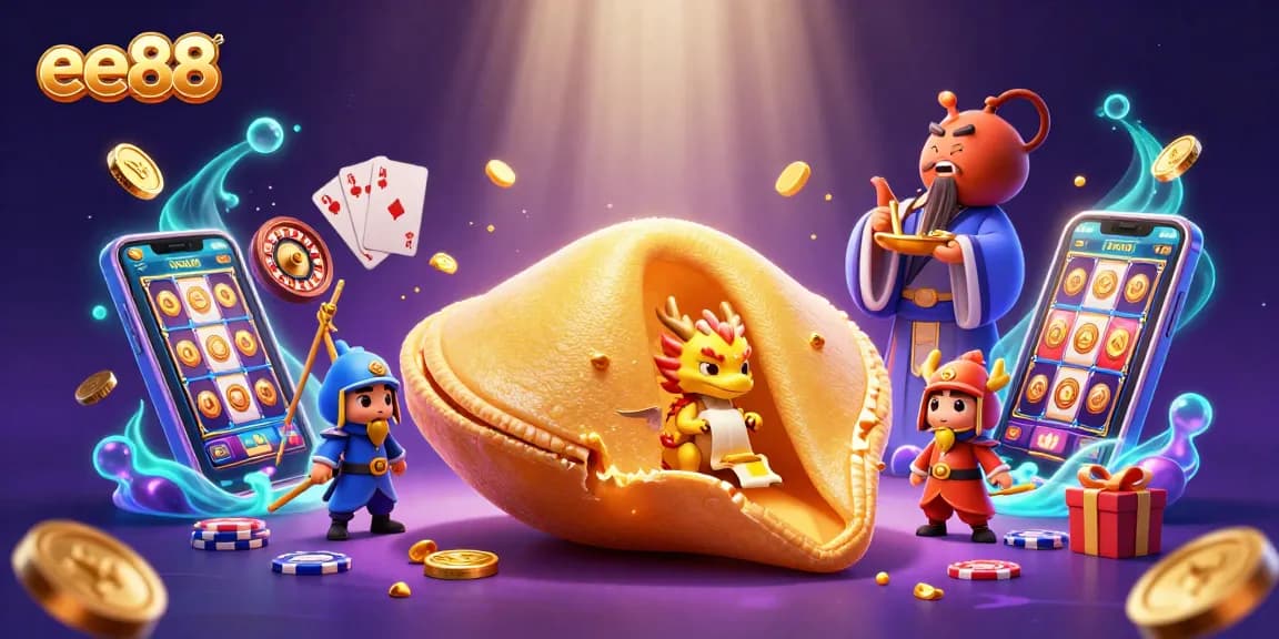 Engage with ee88's thrilling gaming experience with a golden fortune cookie, wise dragon, and vibrant casino elements.
