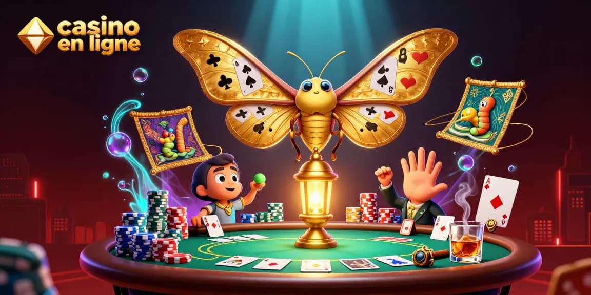 Jeu captivant de casino en ligne avec une scène dynamique de papillon et éléments de poker.
